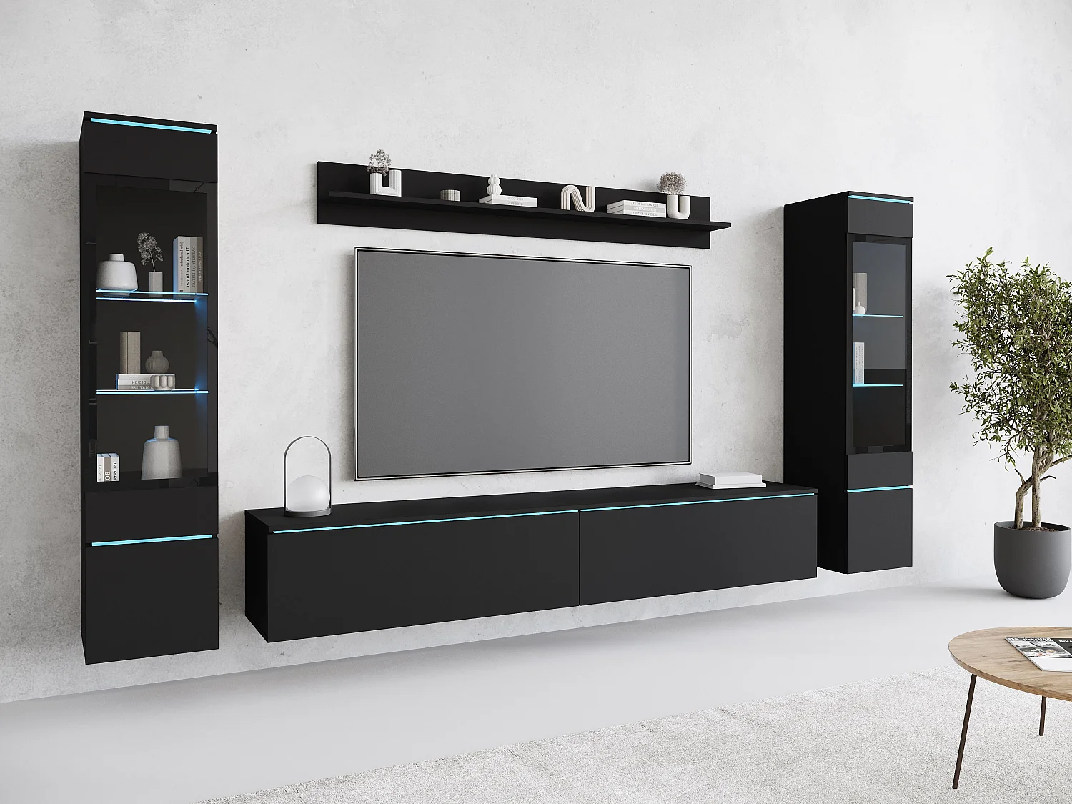 Ensemble moderne de meubles de salon 4 éléments – meuble TV 180 cm, 2 vitrines et étagère – mur TV graphite noir mat, autoportant ou suspendu