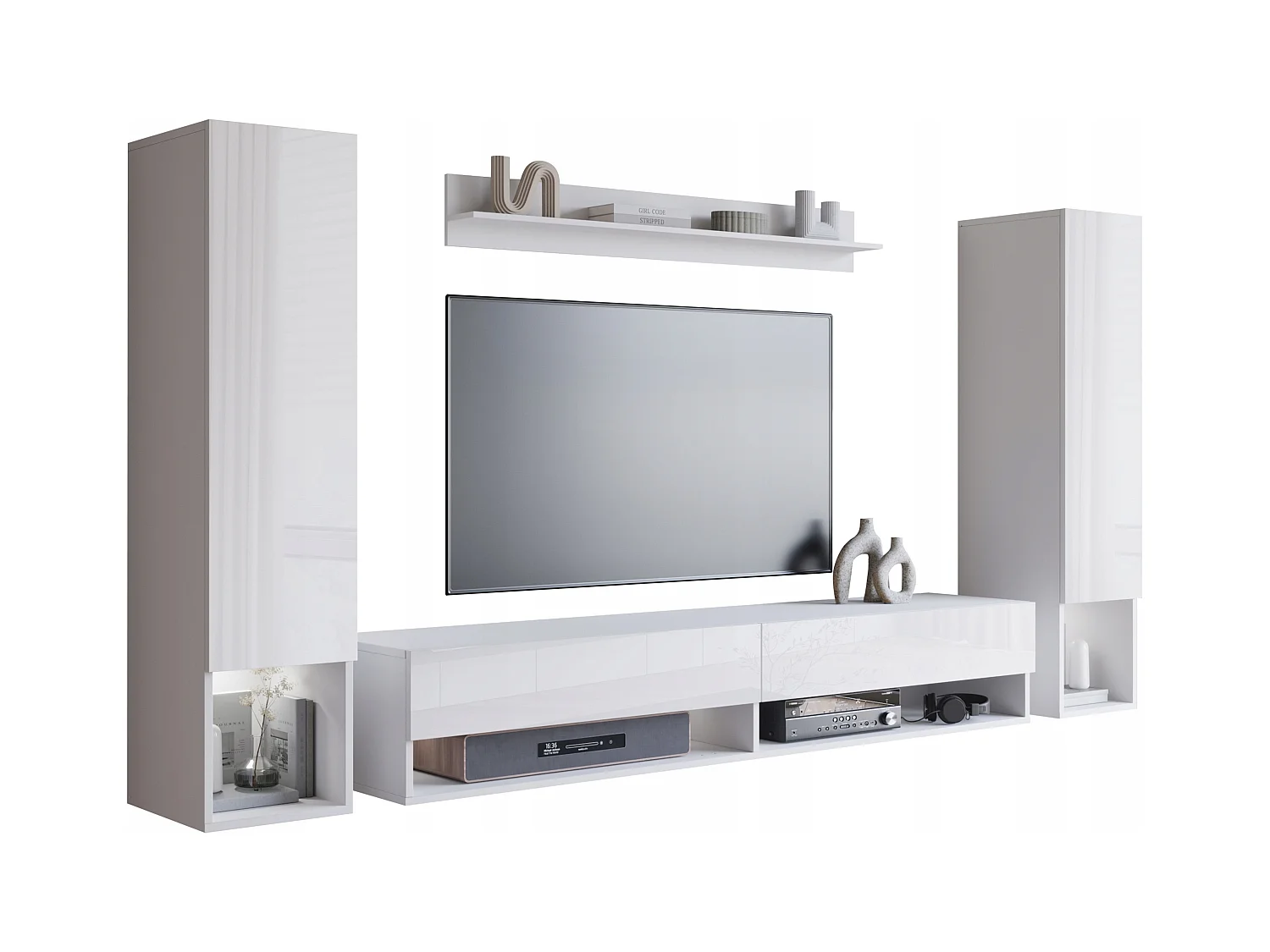 Mueble de salón moderno – conjunto colgante con 2 columnas + mueble TV 180 cm + estante, cuerpo blanco mate, frentes blanco brillo