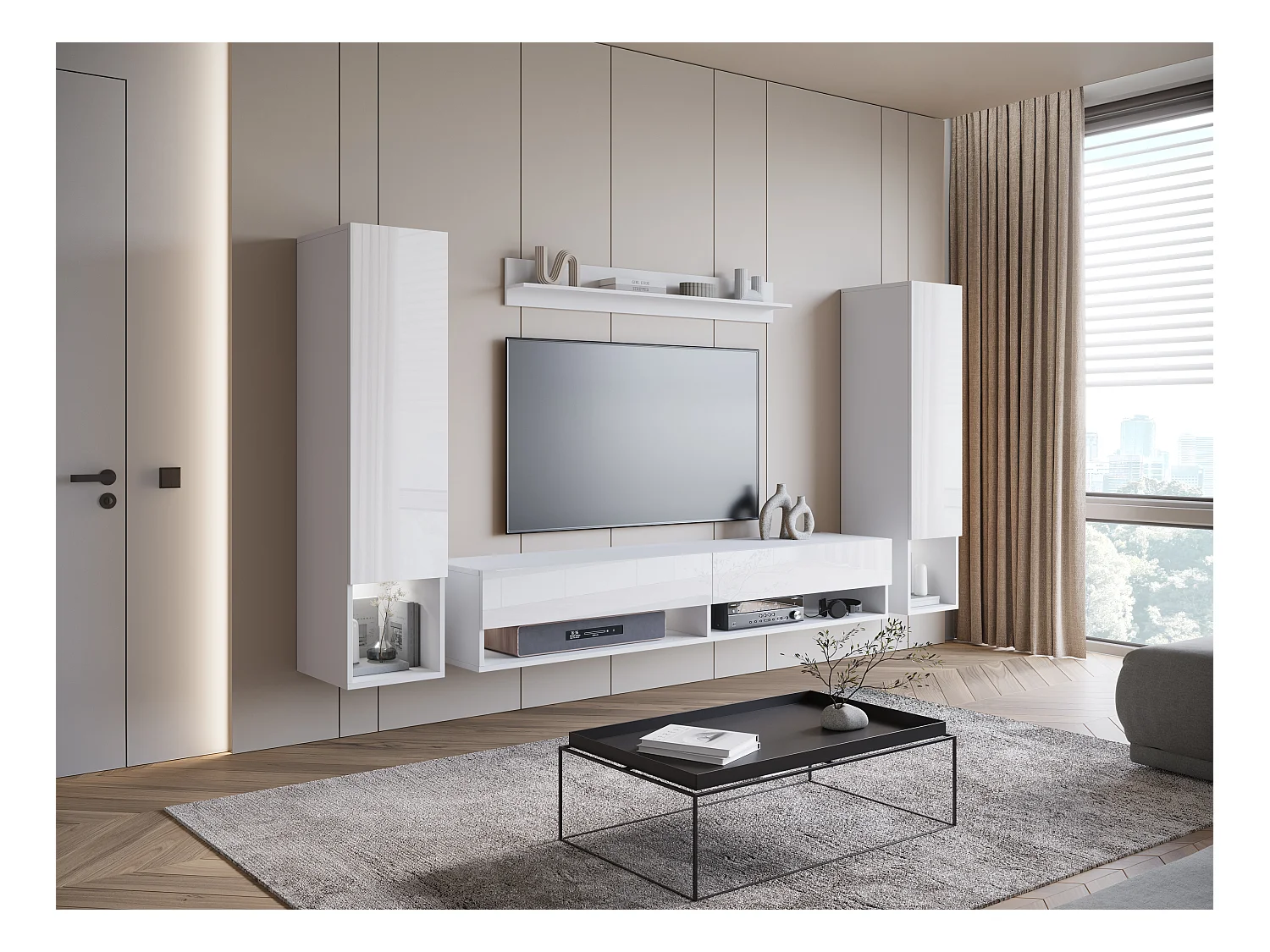Mur TV moderne – ensemble suspendu pour salon avec 2 colonnes + meuble TV 180 cm + étagère, corps blanc mat, façades blanc brillant