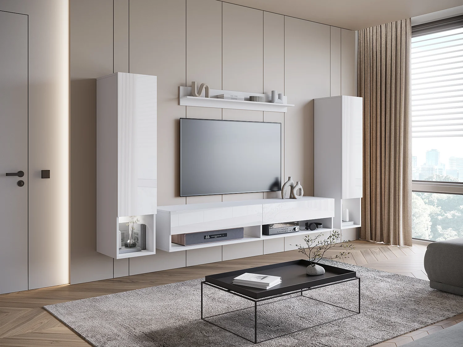 Moderne woonwand – hangende set voor woonkamer met 2 kolommen + TV-meubel 180 cm + plank, corpus wit mat, fronten wit hoogglans