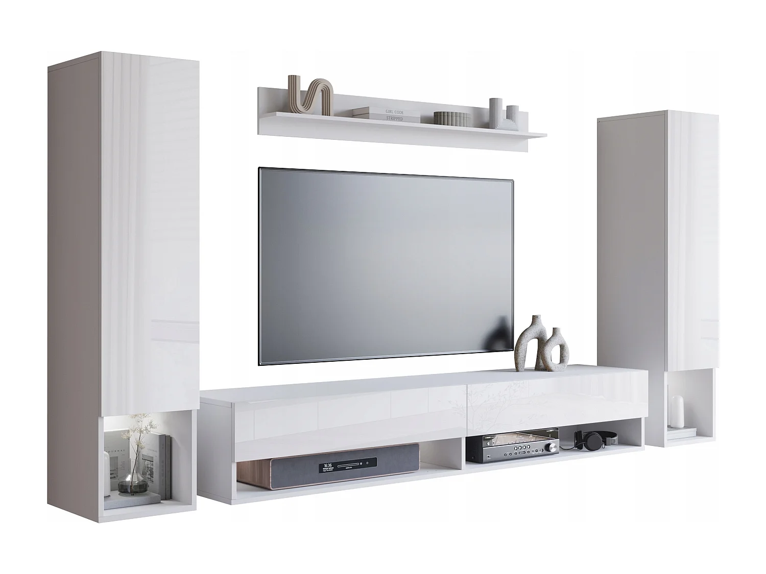 Moderne woonwand – hangende set voor woonkamer met 2 kolommen + TV-meubel 180 cm + plank, corpus wit mat, fronten wit hoogglans