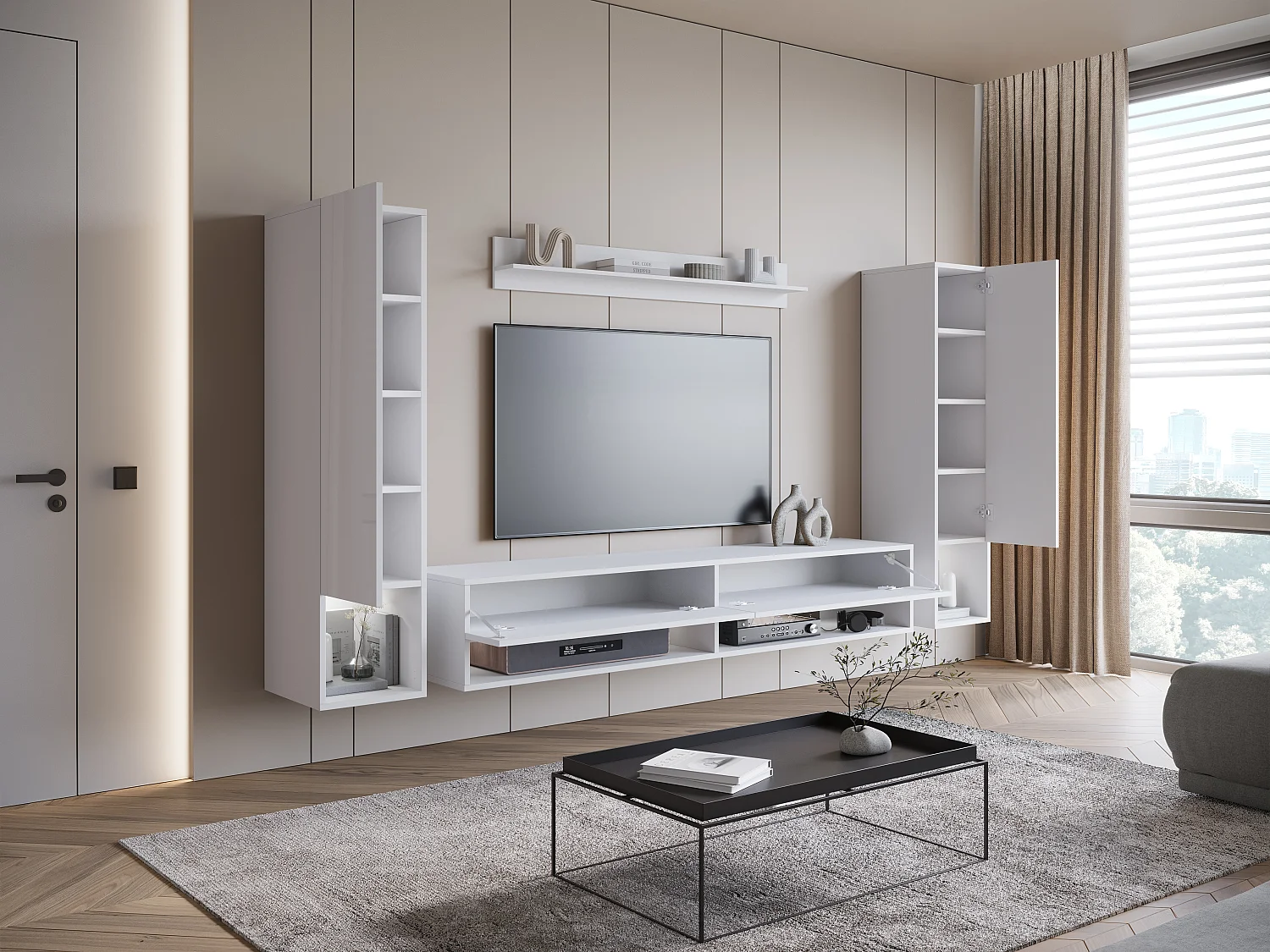 Moderne woonwand – hangende set voor woonkamer met 2 kolommen + TV-meubel 180 cm + plank, corpus wit mat, fronten wit hoogglans