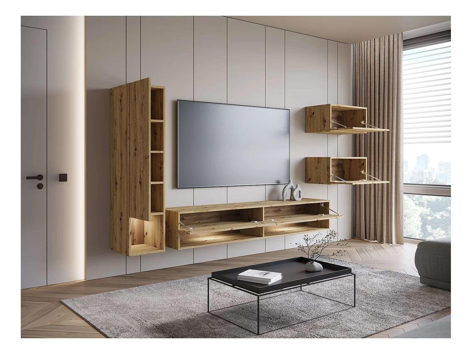 Nowoczesna meblościanka 4-elementowa – wiszący zestaw RTV 180 cm z słupkiem i szafkami, dąb artisan mat