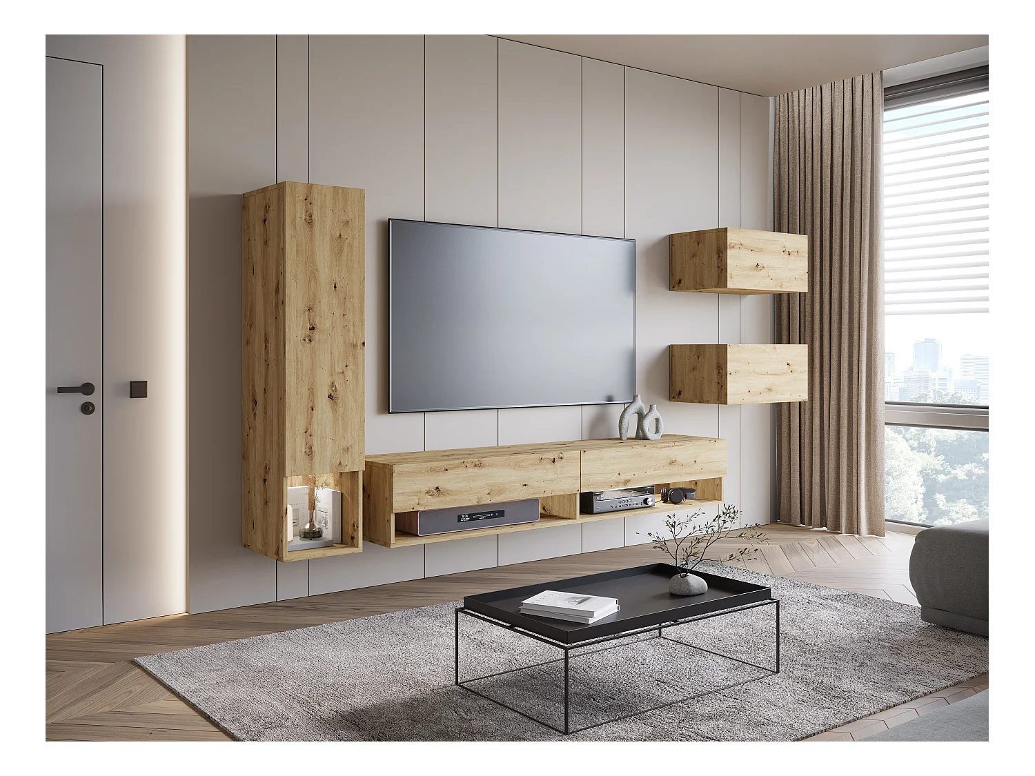Meuble mural moderne 4 éléments – ensemble TV suspendu 180 cm avec colonne et rangements, chêne artisan mat