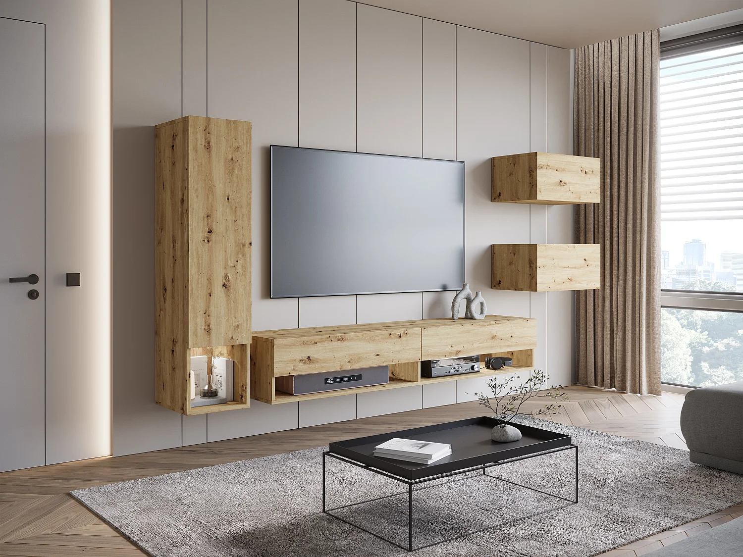 Meuble mural moderne 4 éléments – ensemble TV suspendu 180 cm avec colonne et rangements, chêne artisan mat