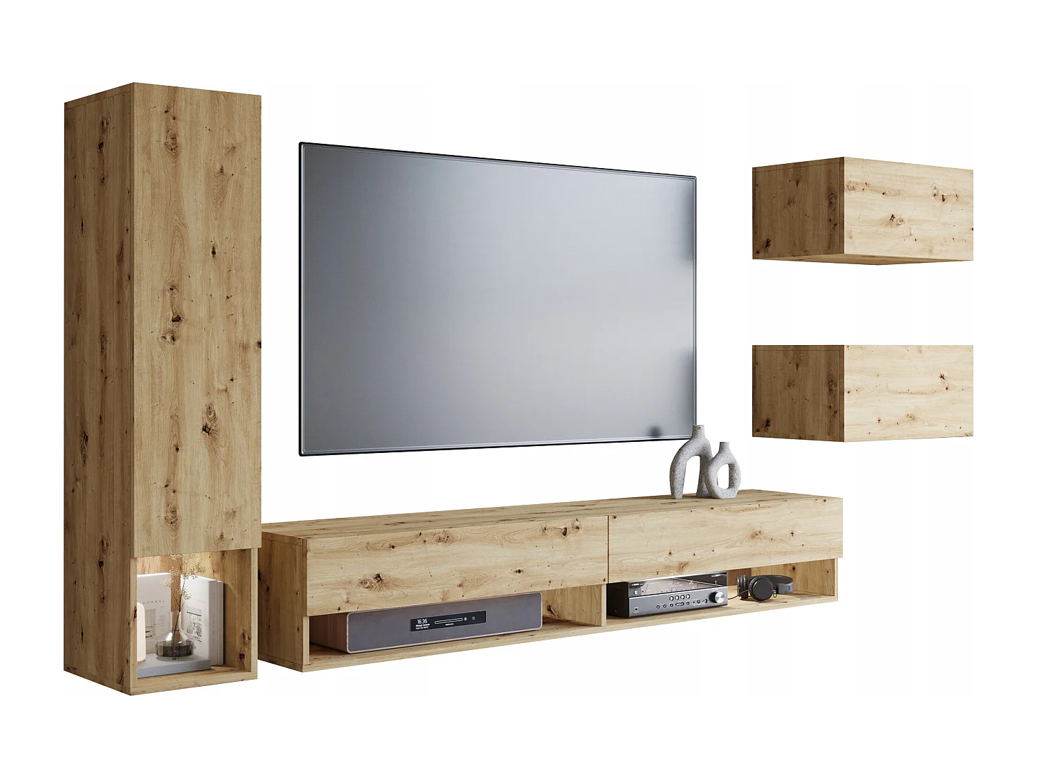 Meuble mural moderne 4 éléments – ensemble TV suspendu 180 cm avec colonne et rangements, chêne artisan mat