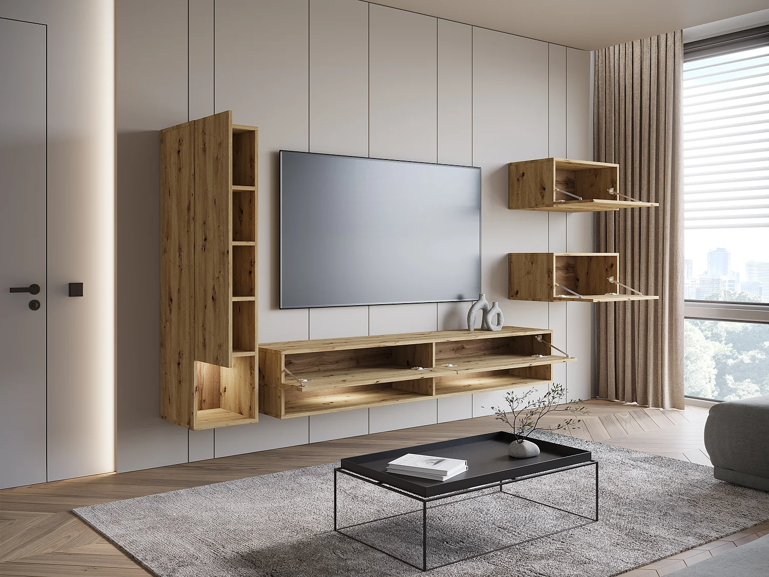 Meuble mural moderne 4 éléments – ensemble TV suspendu 180 cm avec colonne et rangements, chêne artisan mat