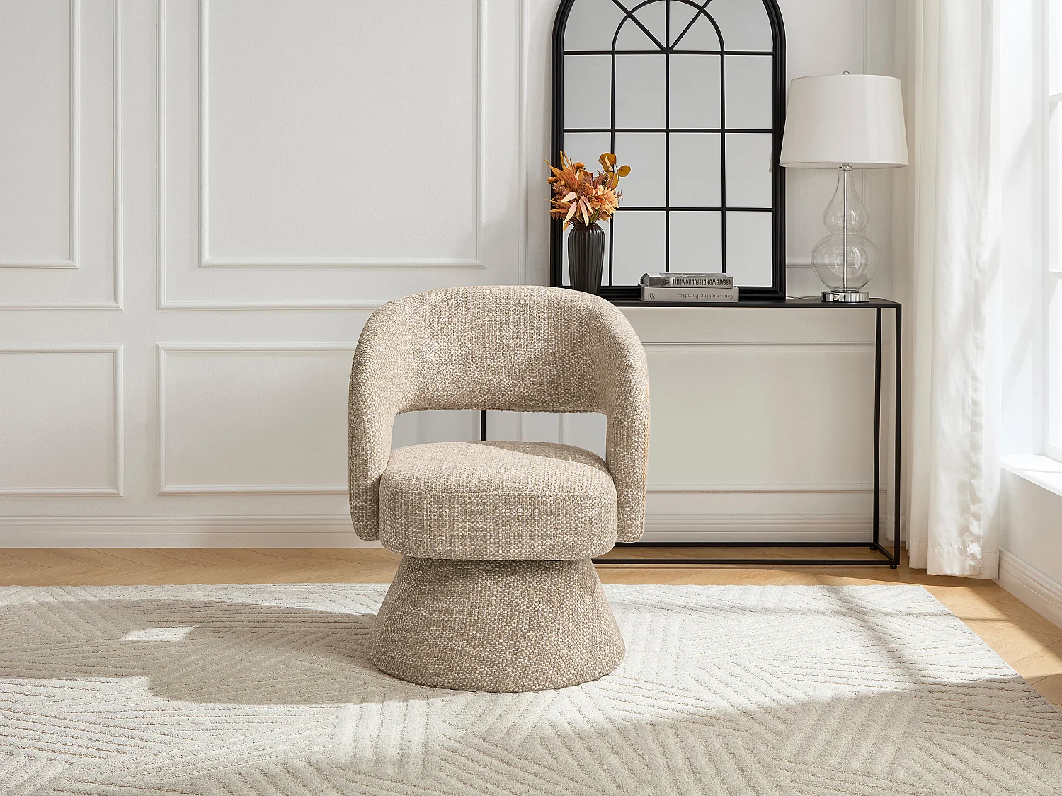 Fauteuil pivotant en tissu texturé beige NAROLIA