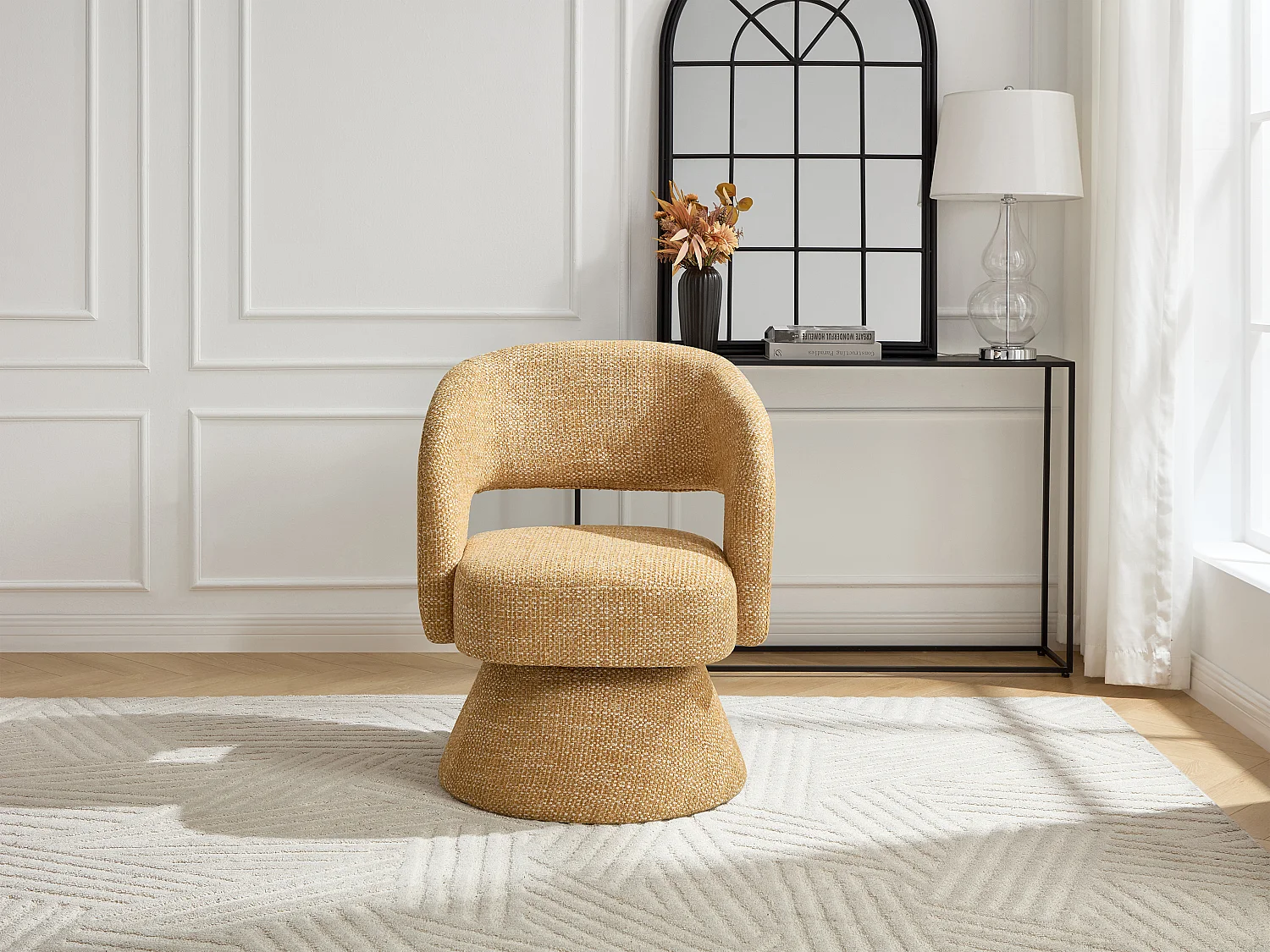 Fauteuil pivotant en tissu texturé jaune moutarde NAROLIA