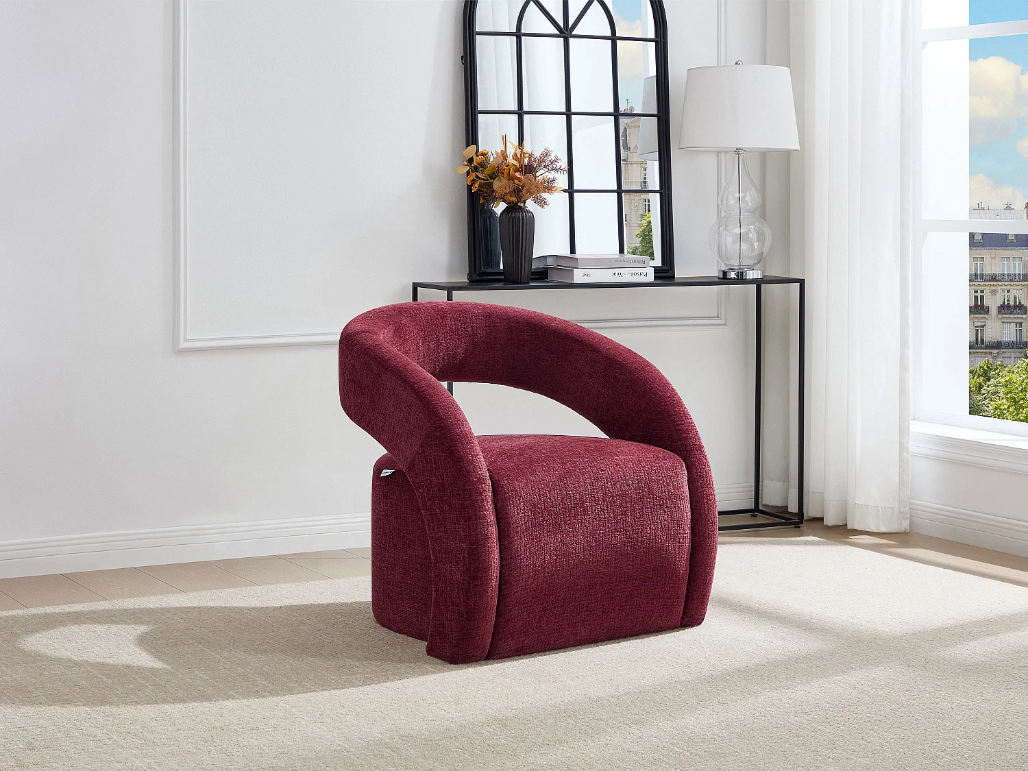 Fauteuil en tissu chenille bordeaux LUCIOTA de Maison Céphy