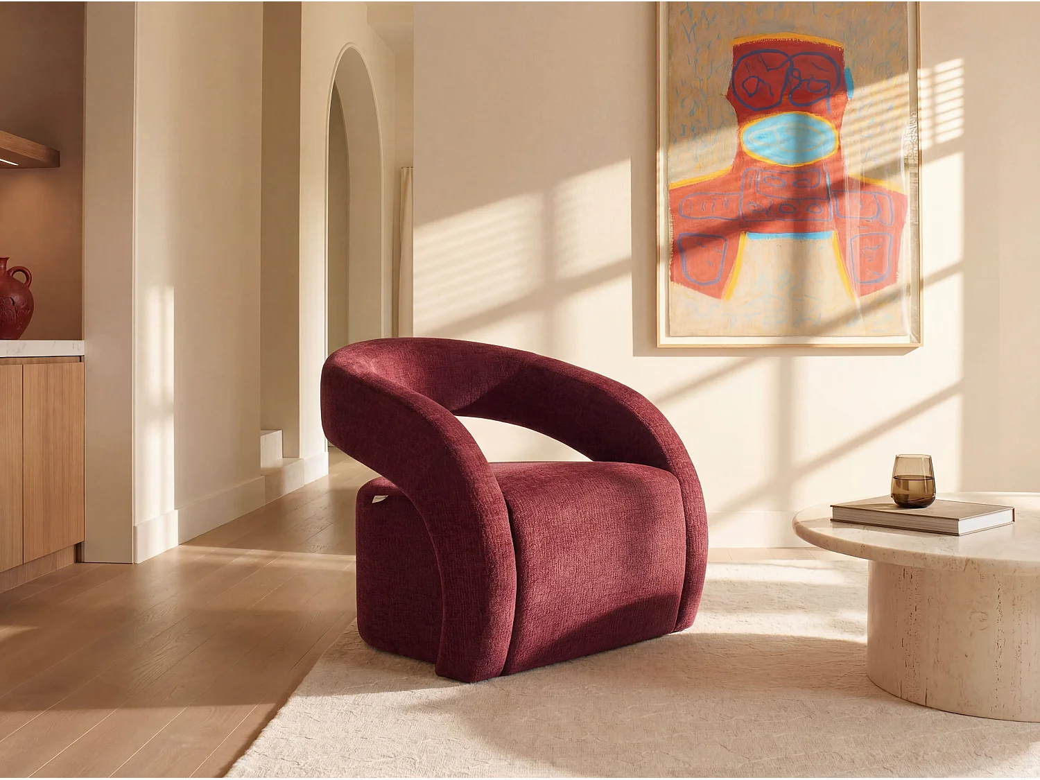 Poltrona in tessuto ciniglia bordeaux LUCIOTA