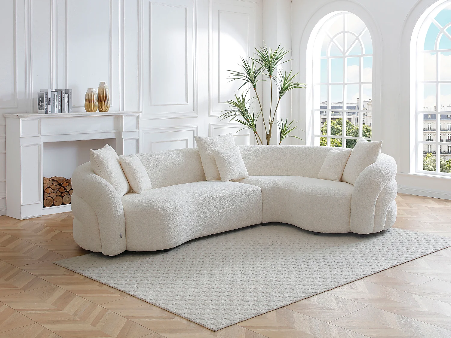 Canapé d'angle droit en tissu bouclette blanc LAPIOTA de Maison Céphy