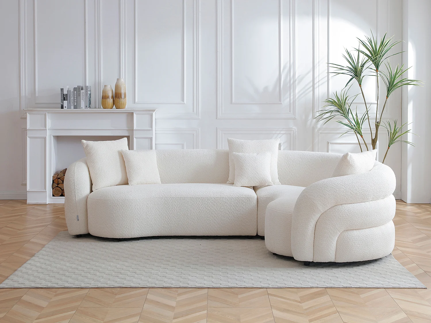 Canapé d'angle droit en tissu bouclette blanc LAPIOTA de Maison Céphy