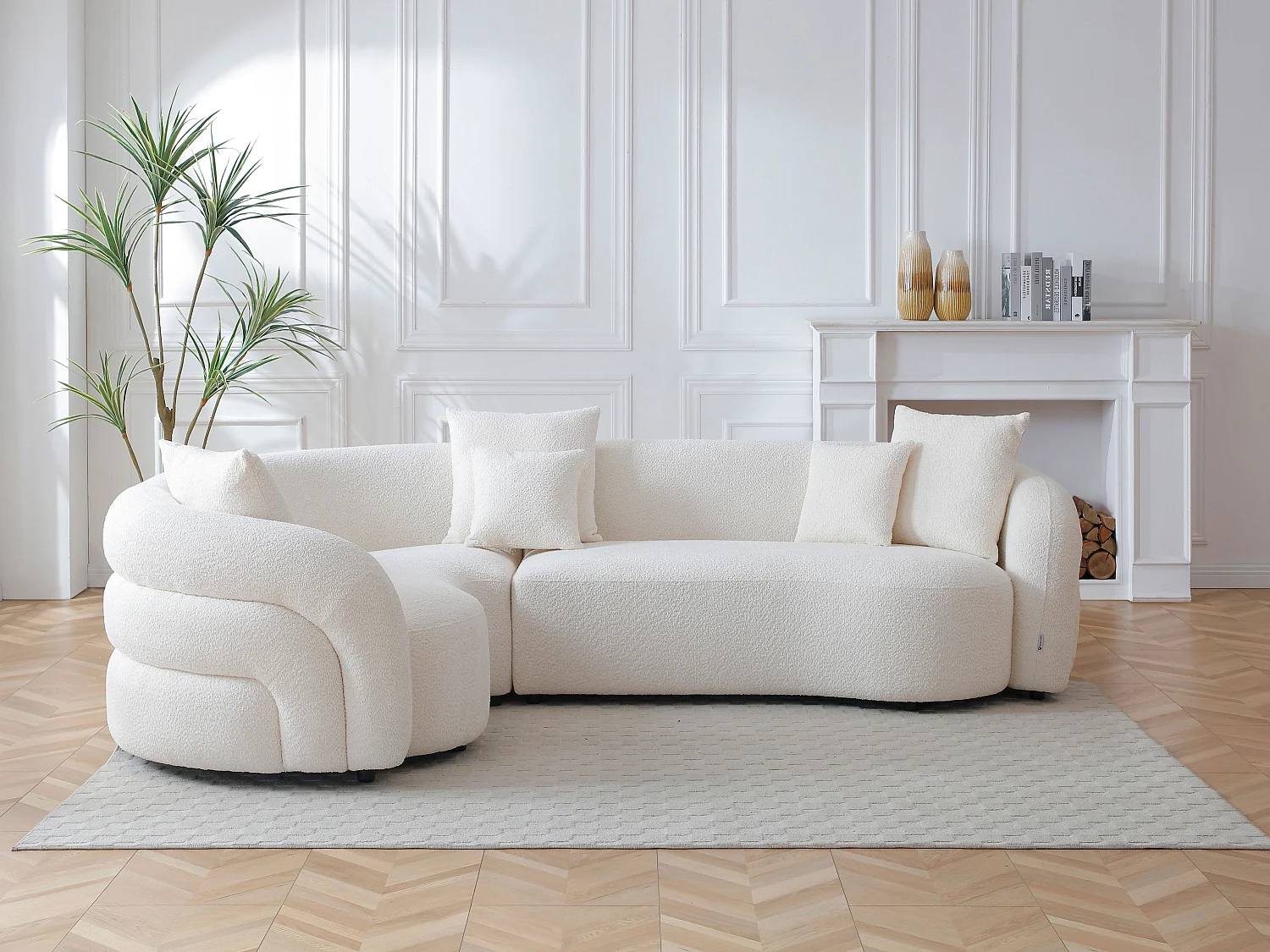 Canapé d'angle gauche en tissu bouclette blanc LAPIOTA de Maison Céphy