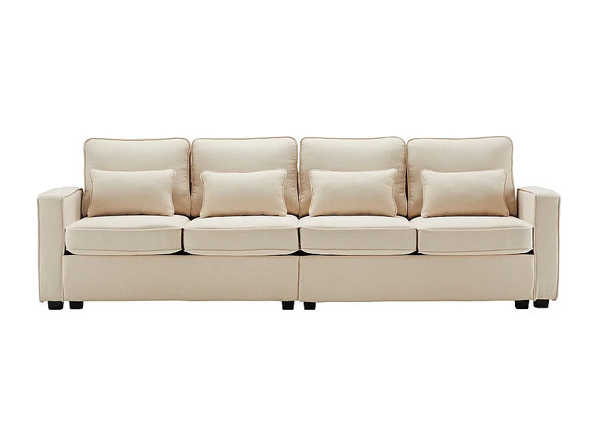Canapé droit en Lin beige - 4 places - avec poches d'accoudoir et 4 oreillers - 264x83x87cm