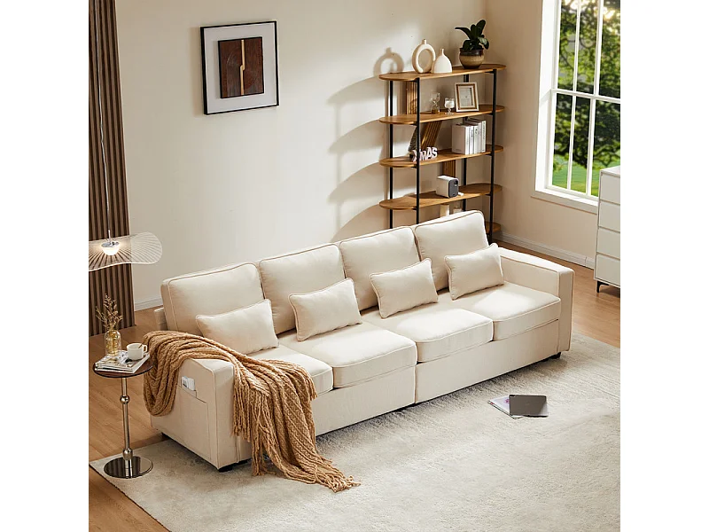 Canapé droit en Lin beige - 4 places - avec poches d'accoudoir et 4 oreillers - 264x83x87cm