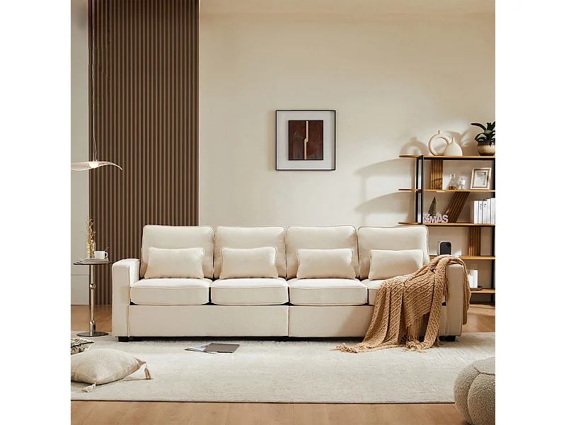 Canapé droit en Lin beige - 4 places - avec poches d'accoudoir et 4 oreillers - 264x83x87cm