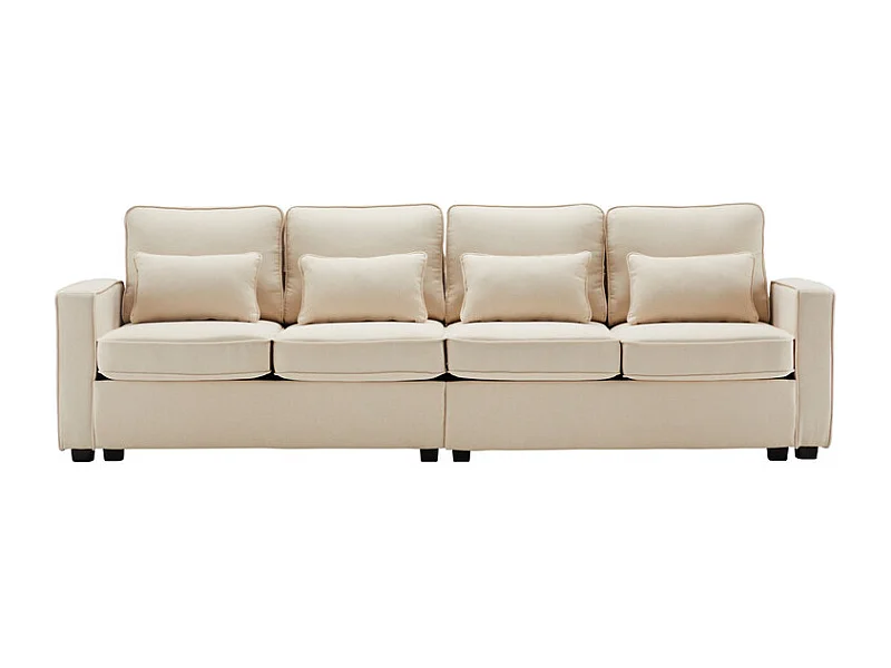 Canapé droit en Lin beige - 4 places - avec poches d'accoudoir et 4 oreillers - 264x83x87cm