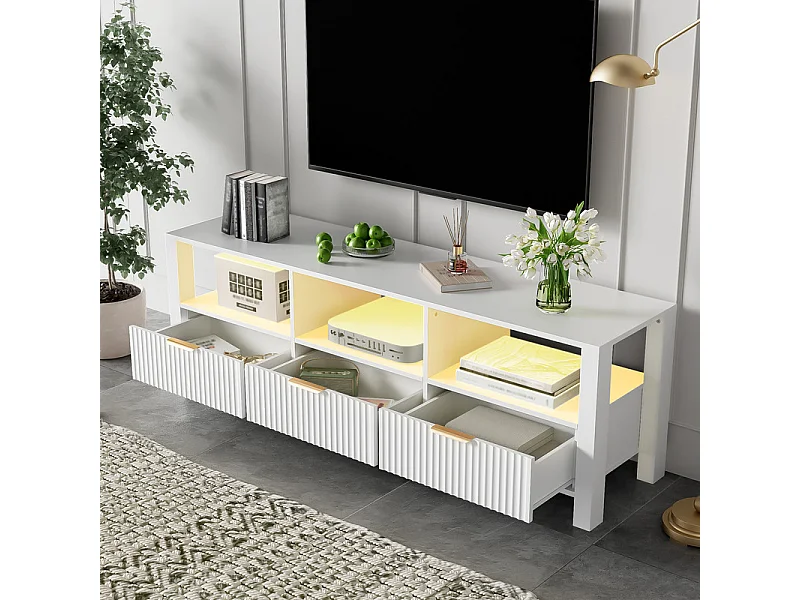 Meuble TV avec 3 tiroirs et 3 niche - 16 couleurs LED - MDF et Panneau de particules - 152.5x39.5x50cm