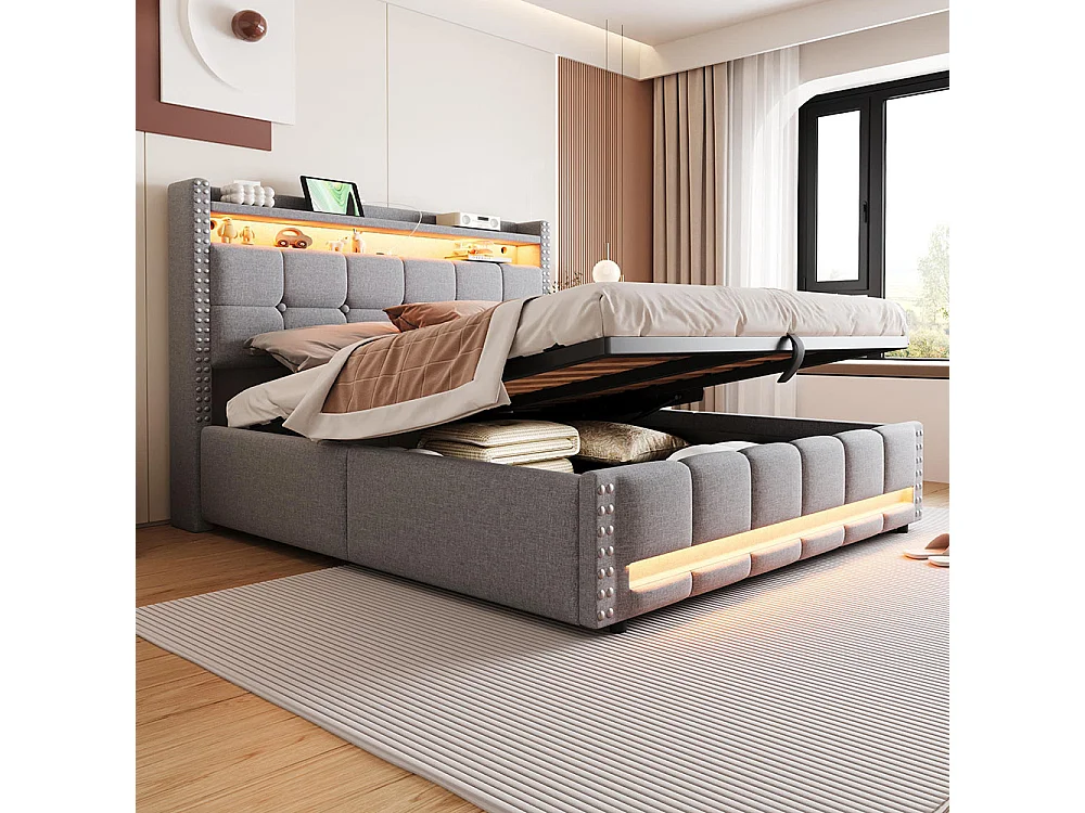 Lit coffre 160x200cm, Avec système hydraulique de rangement, Double, Gris clair