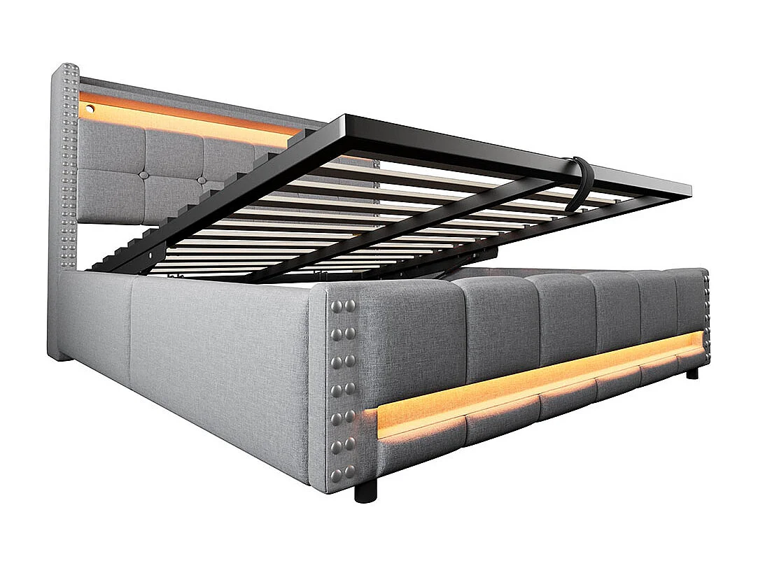 Lit coffre 160x200cm, Avec système hydraulique de rangement, Double, Gris clair