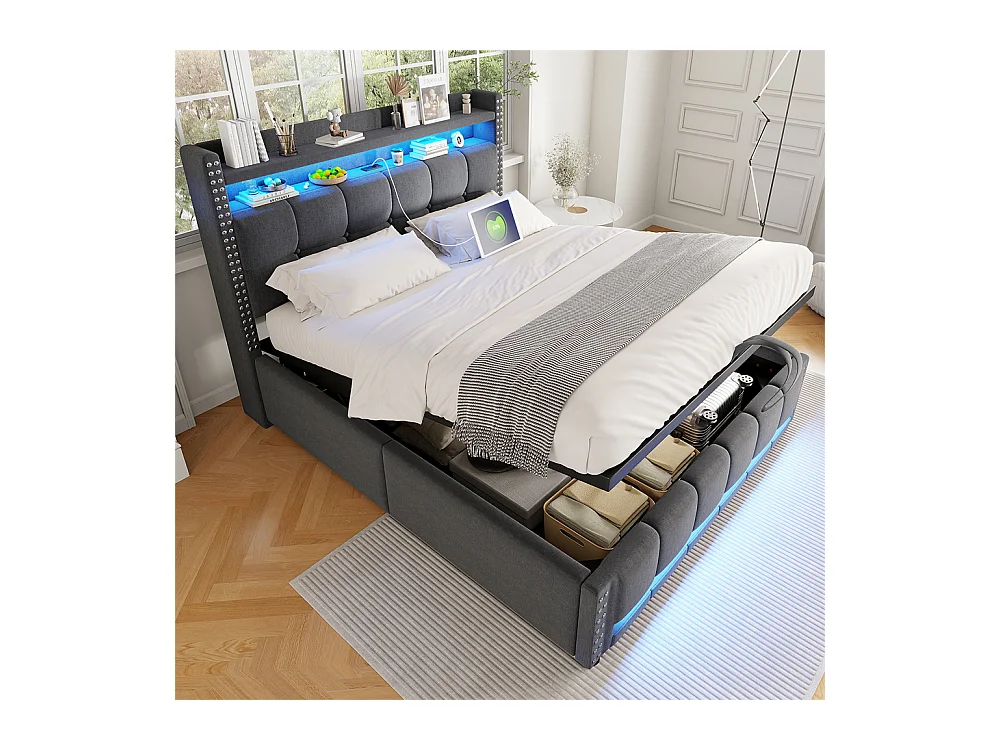 Lit coffre 140x200cm, Avec système hydraulique de rangement, Double, Gris