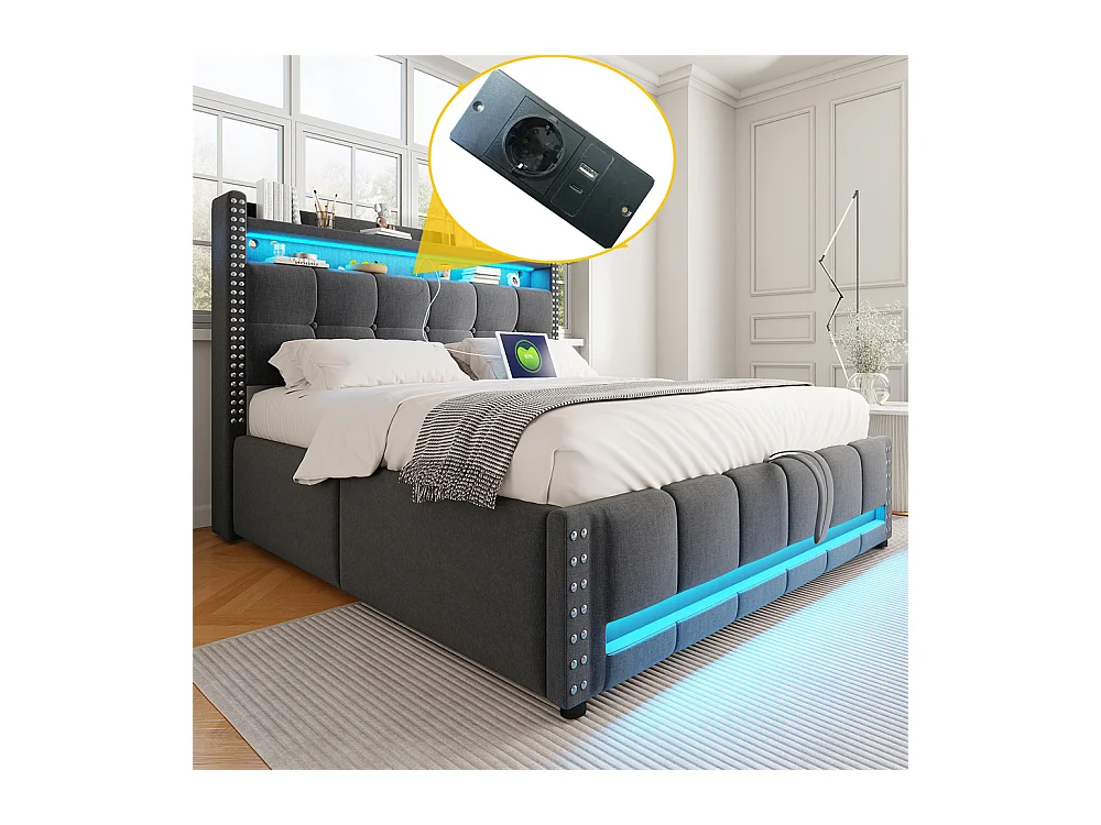 Lit coffre 140x200cm, Avec système hydraulique de rangement, Double, Gris