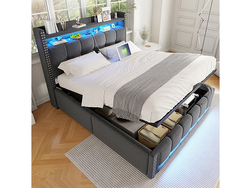 Lit coffre 160x200cm, Avec système hydraulique de rangement, Double, Gris