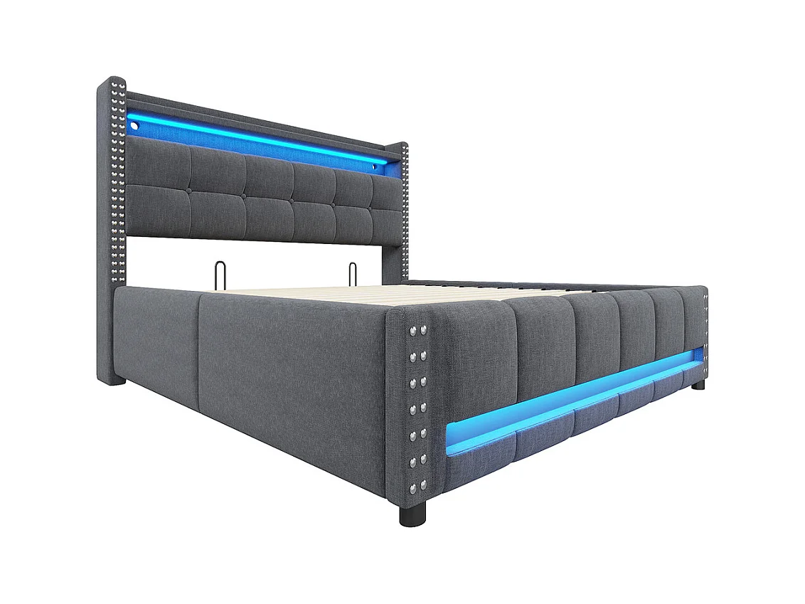 Lit coffre 160x200cm, Avec système hydraulique de rangement, Double, Gris