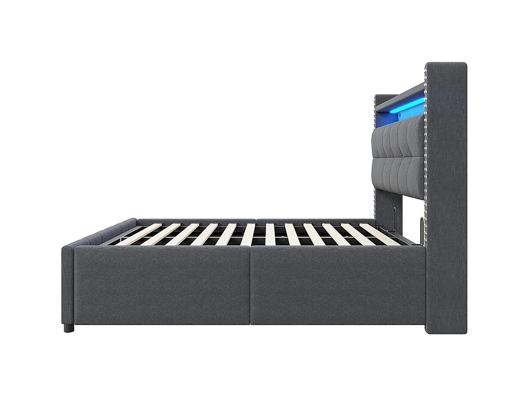 Lit coffre 160x200cm, Avec système hydraulique de rangement, Double, Gris