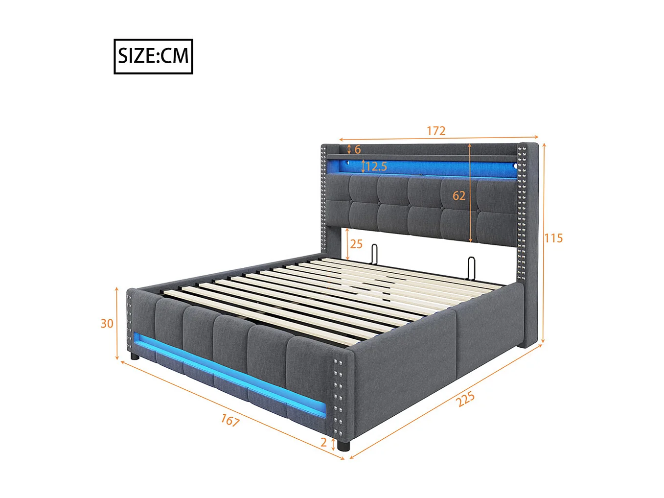 Lit coffre 160x200cm, Avec système hydraulique de rangement, Double, Gris