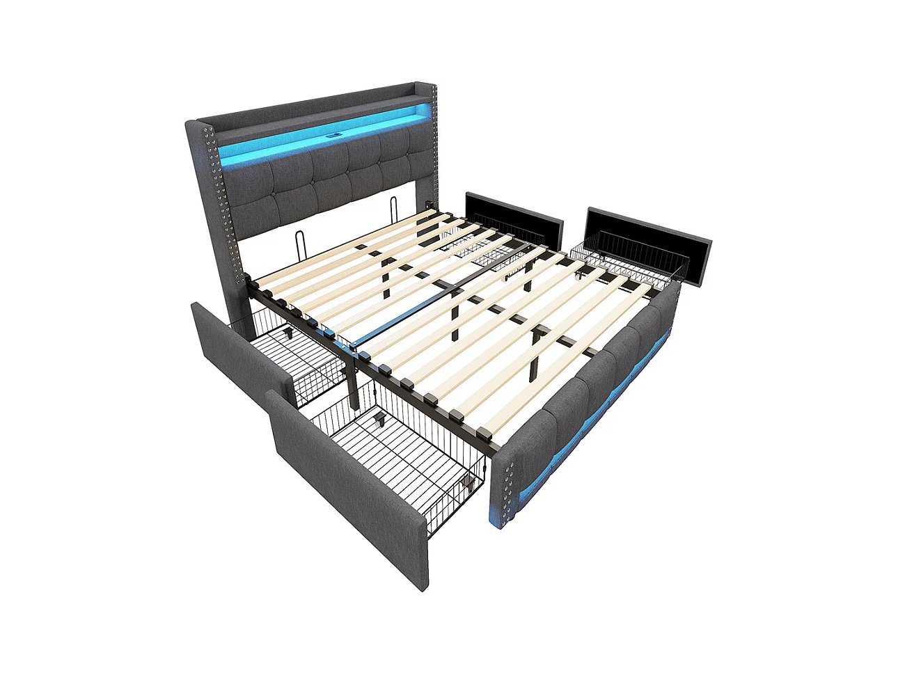 Cama com arrumação 140x200 cm, Cabeceira com prateleiras e espaço de arrumação com 4 gavetas, Cama de casal cinzenta