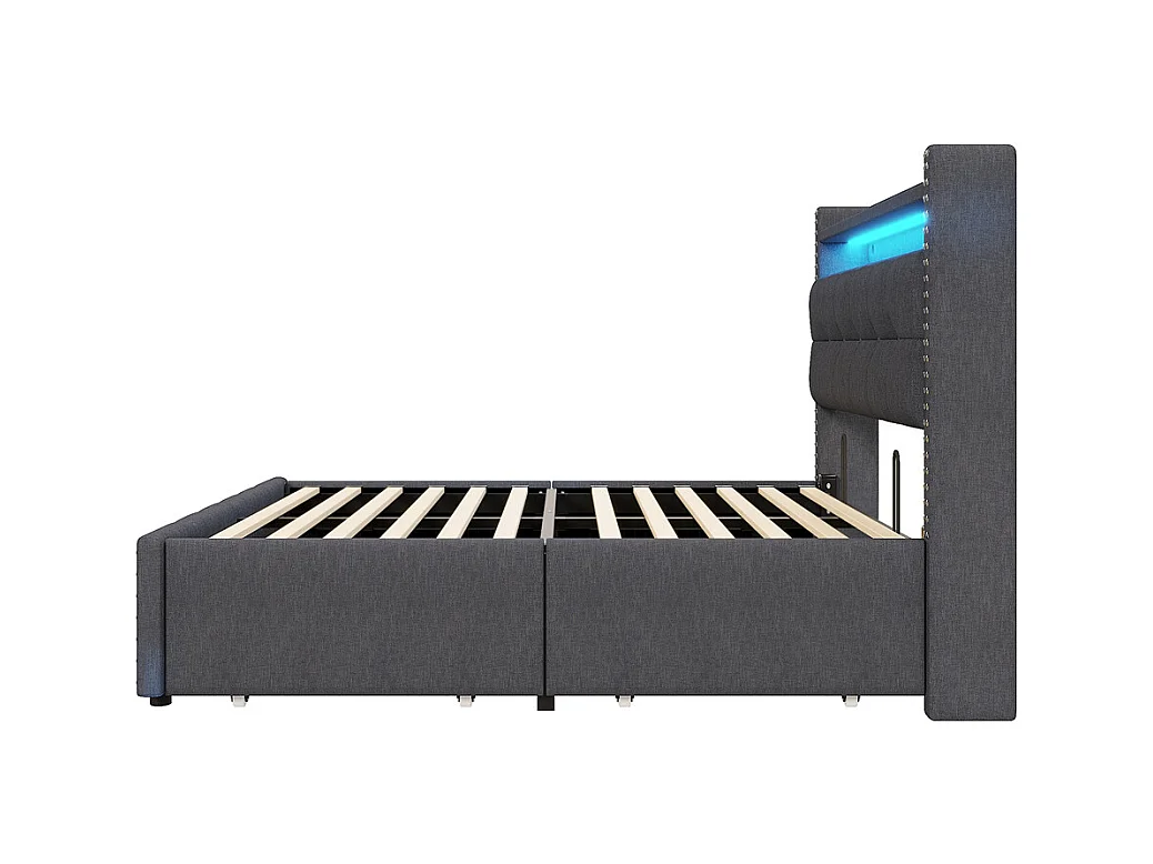 Cama com arrumação 140x200 cm, Cabeceira com prateleiras e espaço de arrumação com 4 gavetas, Cama de casal cinzenta