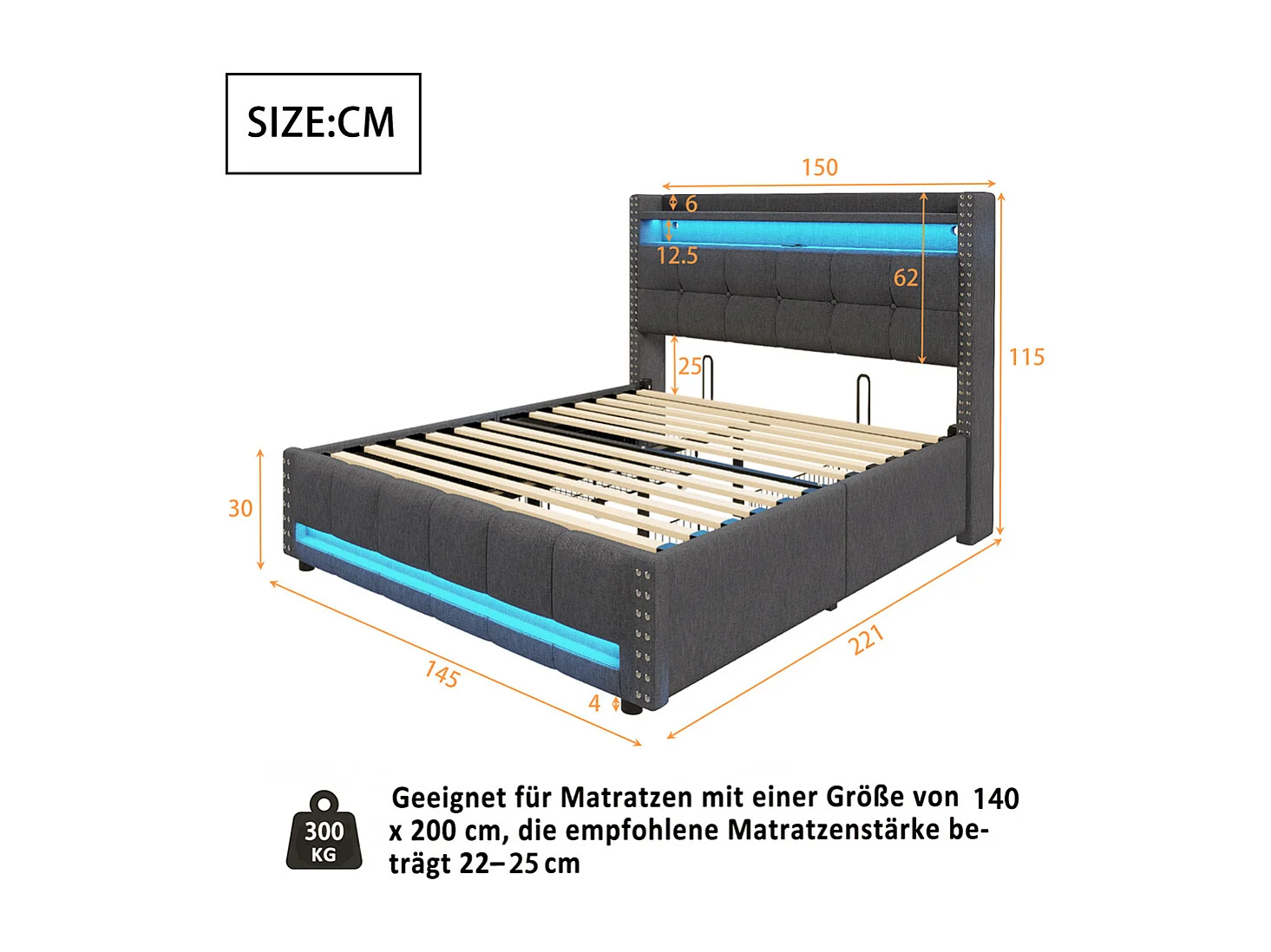 Cama com arrumação 140x200 cm, Cabeceira com prateleiras e espaço de arrumação com 4 gavetas, Cama de casal cinzenta