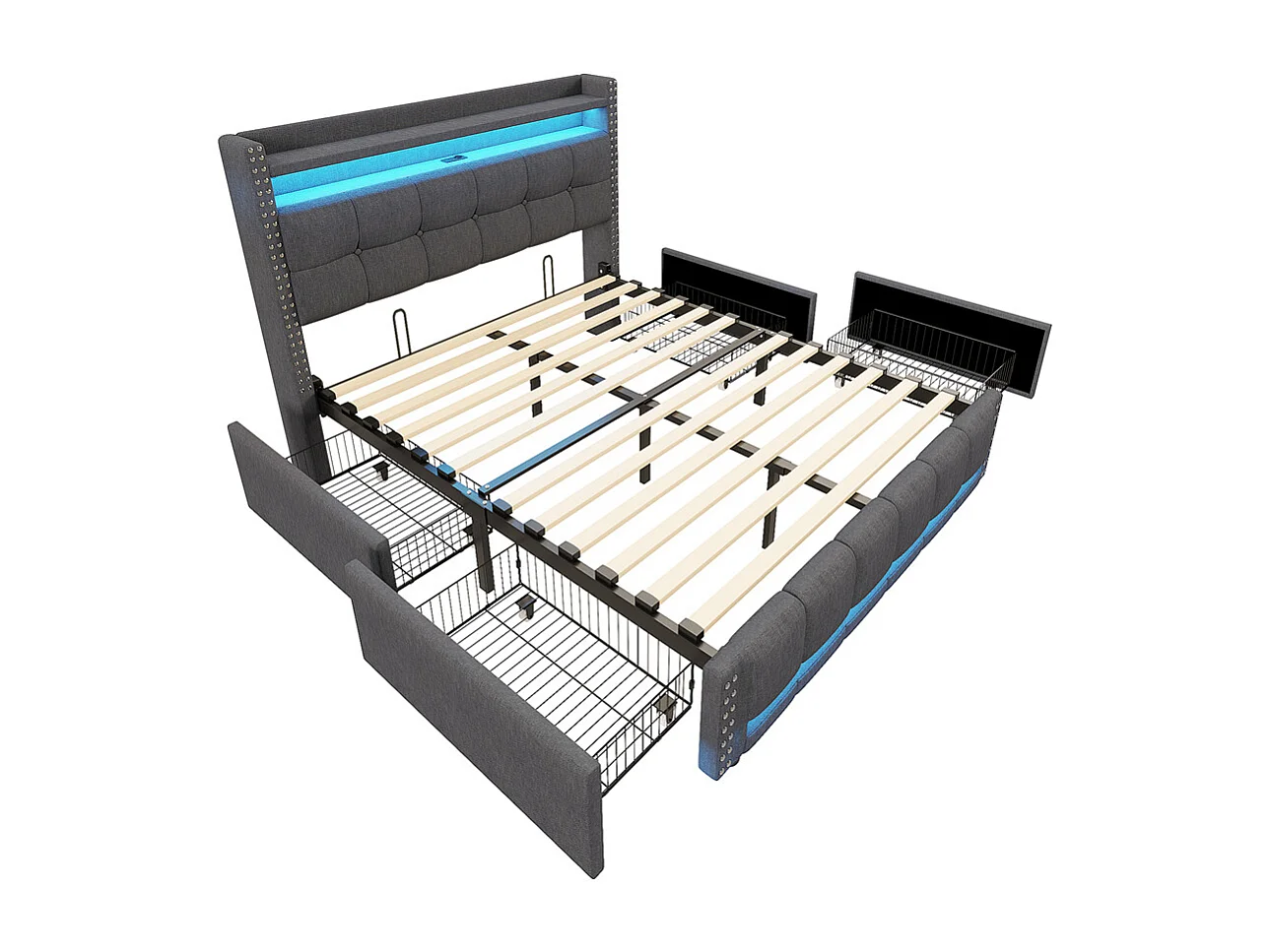 Cama com arrumação 140x200 cm, Cabeceira com prateleiras e espaço de arrumação com 4 gavetas, Cama de casal cinzenta