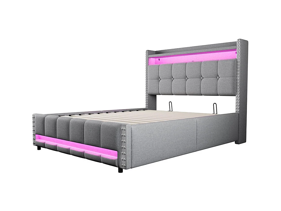 Lit coffre 140x200cm, Avec système hydraulique de rangement, Double, Gris clair