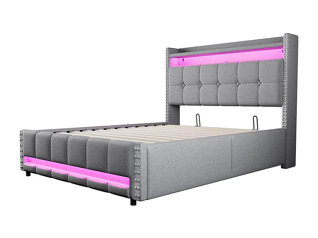 Lit coffre 140x200cm, Avec système hydraulique de rangement, Double, Gris clair