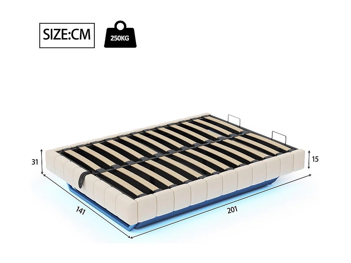 Gestoffeerd bed 140x200 cm, hydraulisch zwevend bedframe, zonder hoofdbord , Beige