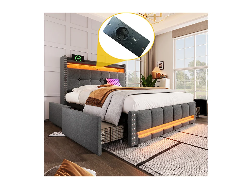 Cama com arrumação 160x200 cm, Cabeceira com prateleiras e espaço de arrumação com 4 gavetas, Cama de casal cinzenta