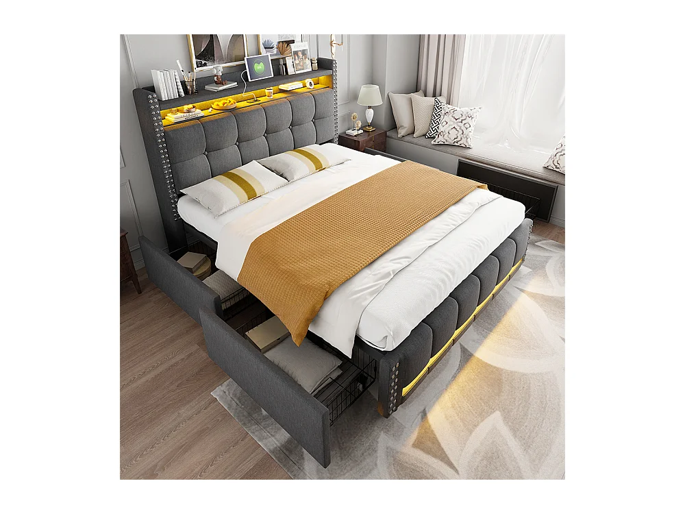 Cama com arrumação 160x200 cm, Cabeceira com prateleiras e espaço de arrumação com 4 gavetas, Cama de casal cinzenta