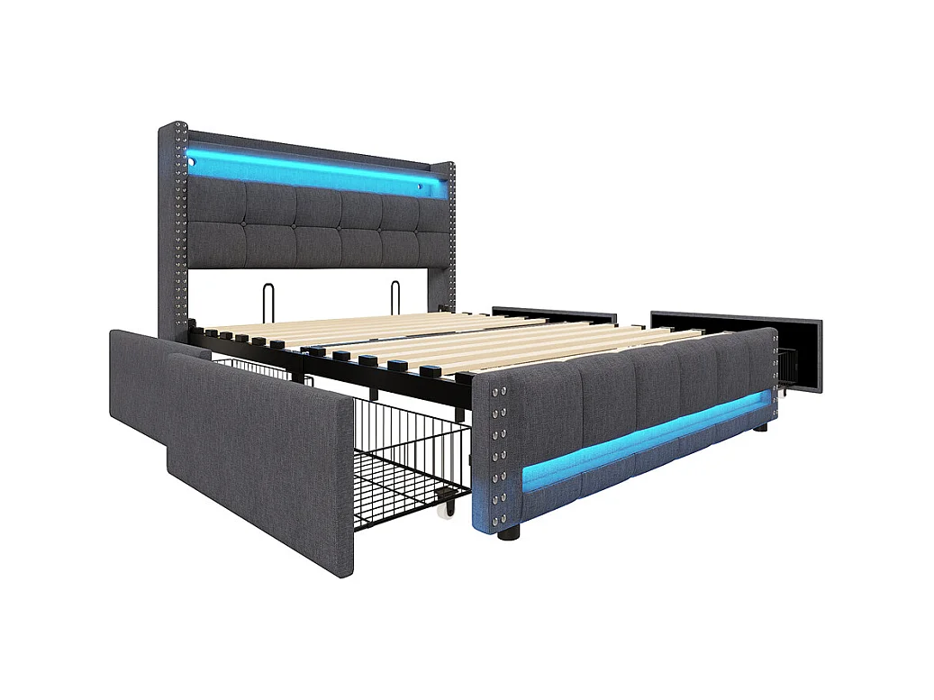 Cama com arrumação 160x200 cm, Cabeceira com prateleiras e espaço de arrumação com 4 gavetas, Cama de casal cinzenta