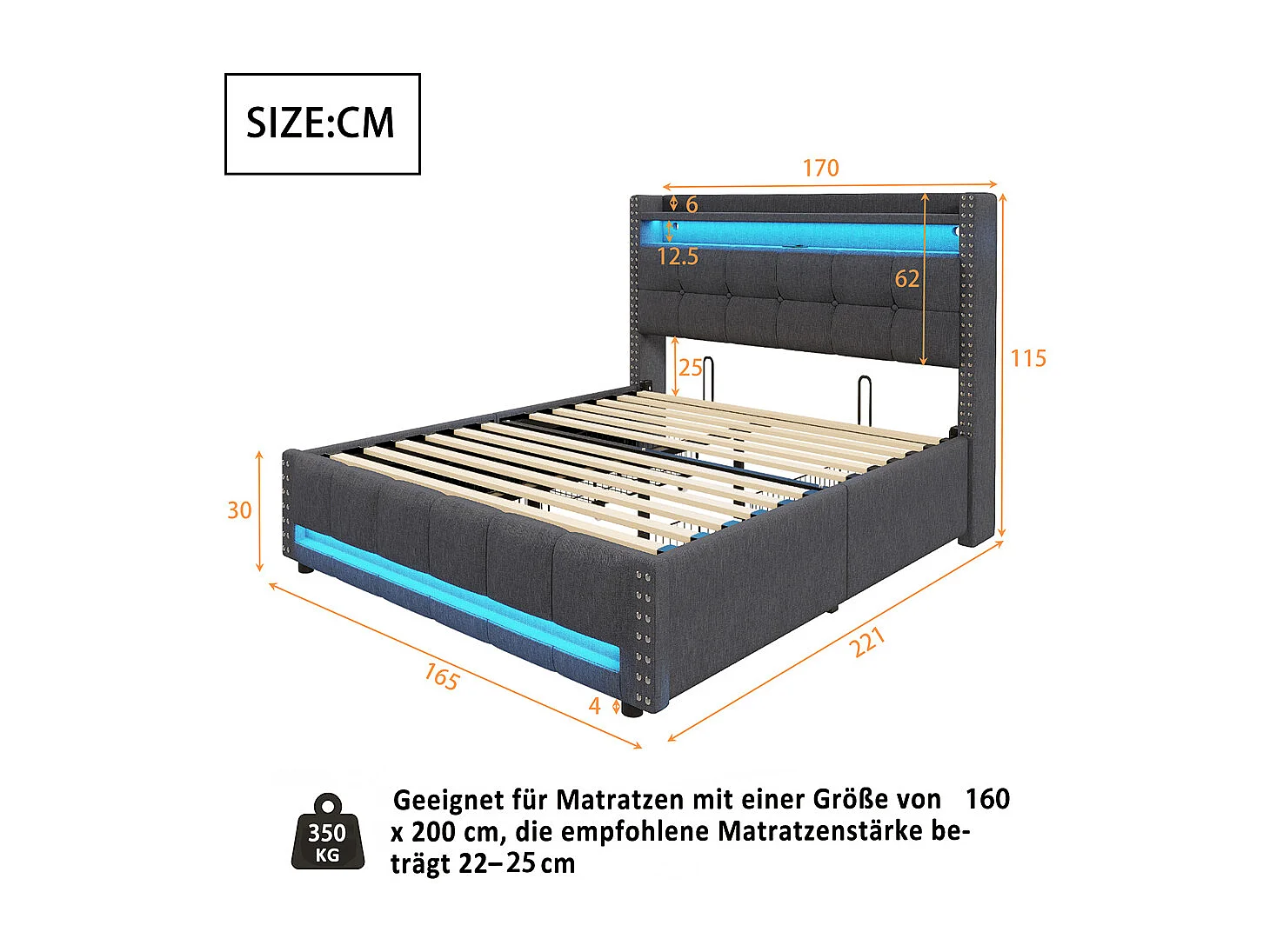 Lit coffre 160x200 cm, Tête de lit avec étagères et espace de rangement avec 4 tiroirs, Lit double Gris