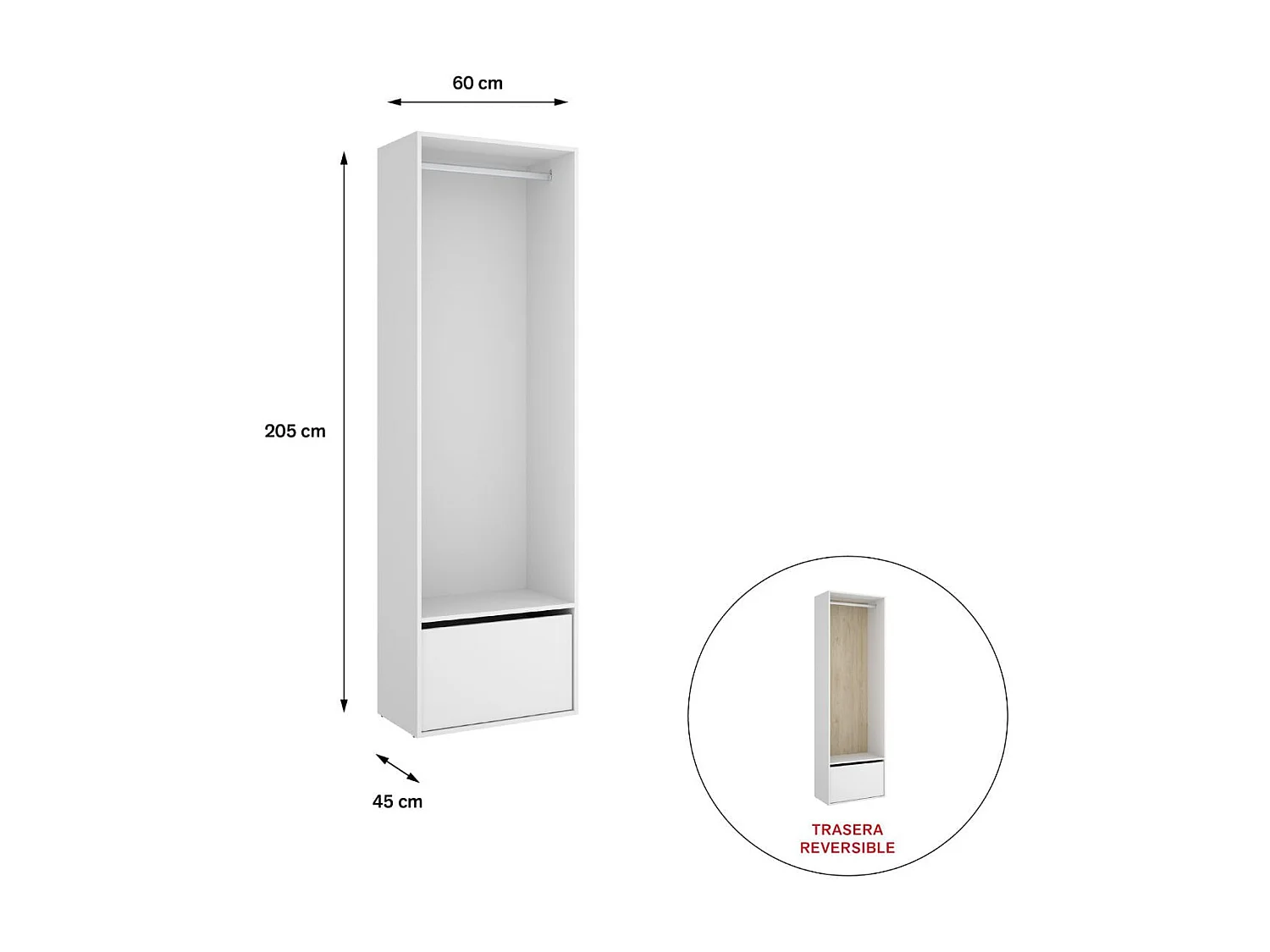 Armario vestidor Suit reversible con barra para colgar + zapatero blanco 205x60x45 cm