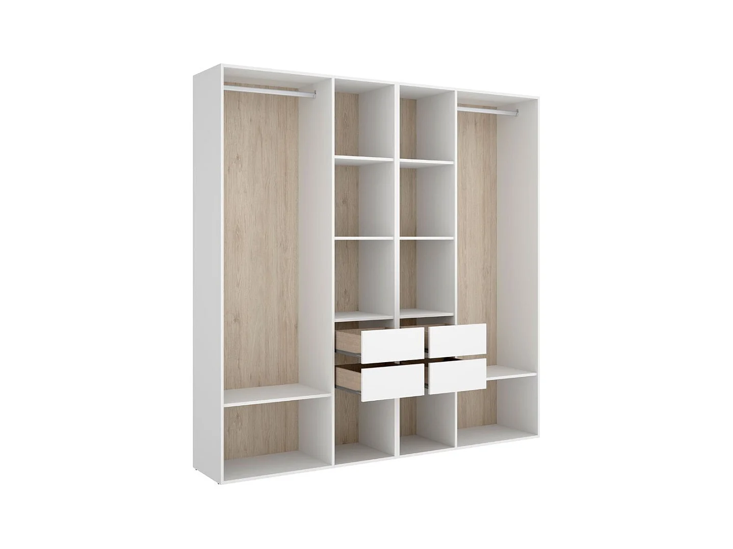 Armario vestidor Suit reversible 4 cajones + 2 barras + 2 columnas blanco/natural 205x196x45 cm