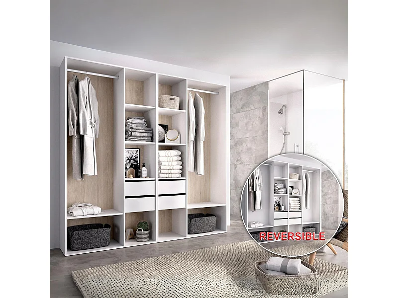 Armario vestidor Suit reversible 4 cajones + 2 barras + 2 columnas blanco/natural 205x196x45 cm