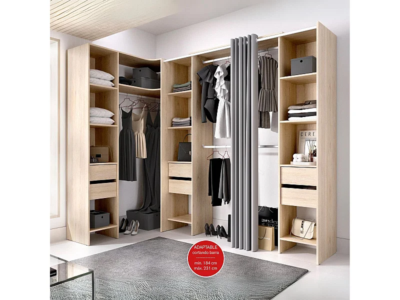 Armario vestidor Suit reversible 6 cajones + 3 barras + 3 columnas natural 205x164-234x141 cm