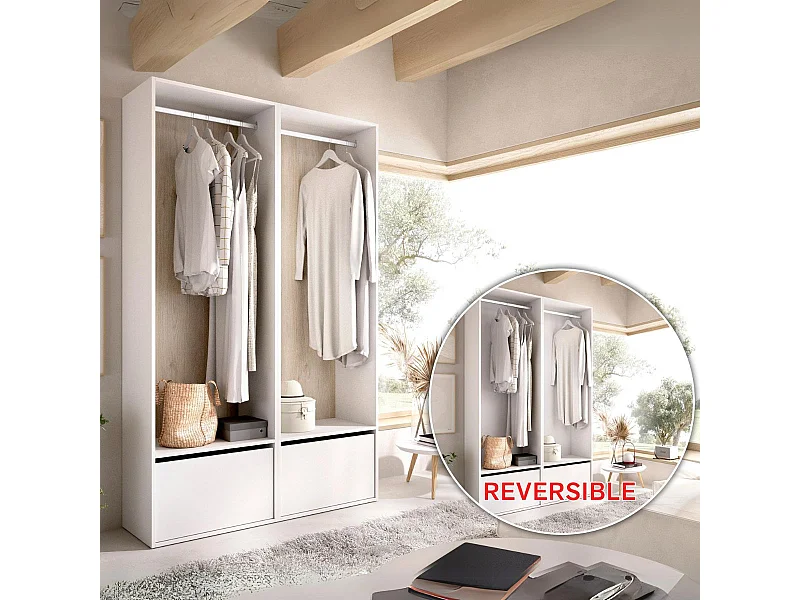 Armario vestidor Suit 2 módulos + 2 barras + zapatero blanco/natural 205x120x45 cm
