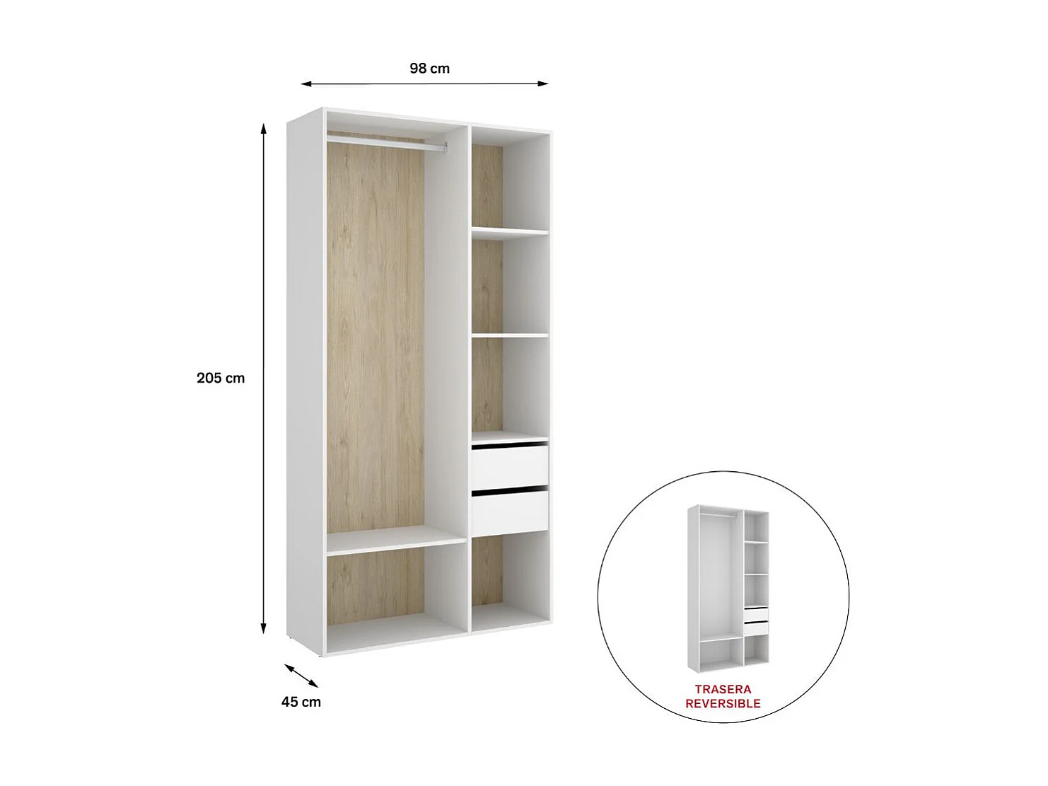 Armario vestidor Suit reversible 2 cajones blanco/natural 205x98x45 cm