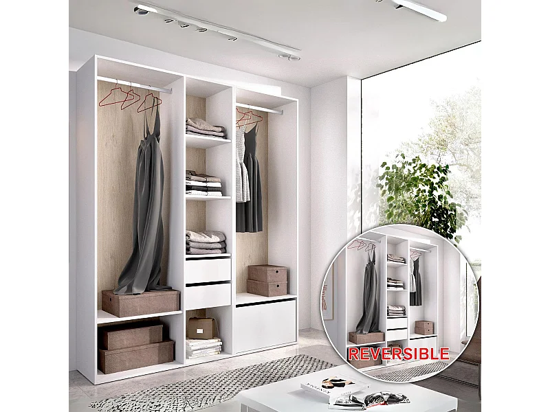 Armario vestidor Suit 2 módulos + 2 barras + zapatero blanco/natural 205x158x45 cm