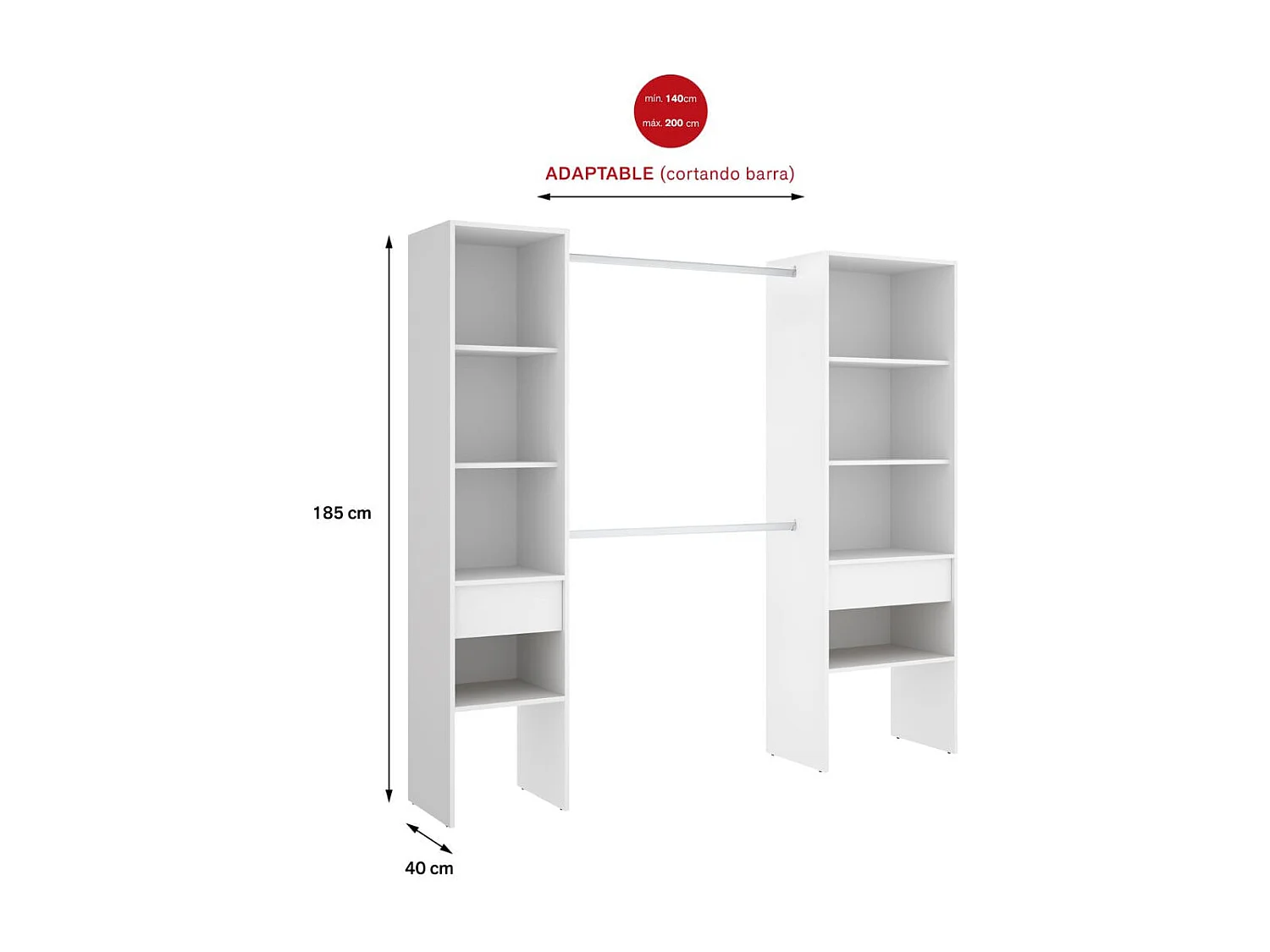 Vestidor Suit 2 columnas + 2 cajones blanco 187x160x50 cm